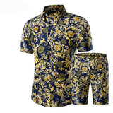 Summer Men 2 Piece Set Hawaiian Shirt Set Casual Male Beach Wear Floral Shirt and Shorts Man Print Shirt Suit  Plus Size 4XL 5XL